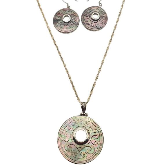 Sterling Silver Carved Shell Pendant Necklace Earrings 925 Abalone MOP Vintage - Picture 8 of 10